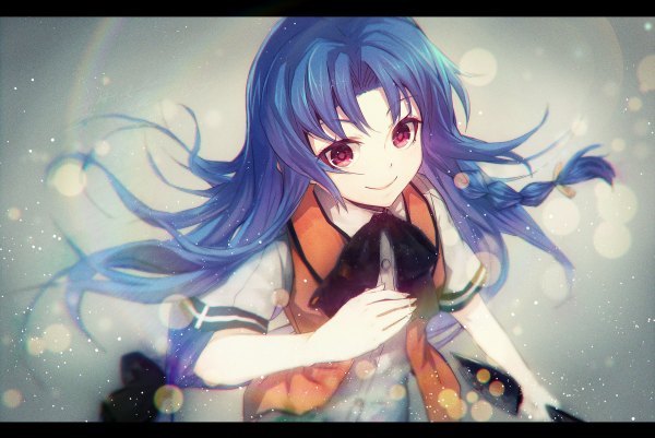 Anime picture 1200x802 with original heiwari kanade single long hair looking at viewer fringe smile blue hair braid (braids) pink eyes fingernails short sleeves close-up side braid shiny girl bow