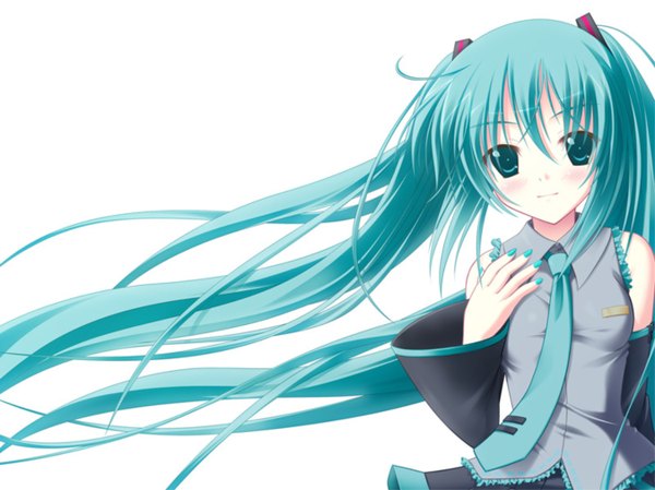 Anime picture 1350x1012 with vocaloid hatsune miku amino kohaku single long hair looking at viewer blush simple background white background twintails upper body nail polish aqua eyes aqua hair girl detached sleeves necktie