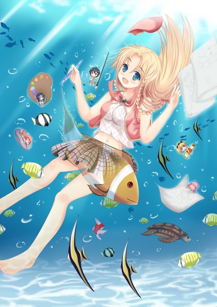 Anime picture 2894x4093 with original euforia long hair tall image highres blonde hair multiple girls barefoot aqua eyes sunlight underwater minigirl girl skirt navel sea bubble (bubbles) fish (fishes) 5 girls turtle