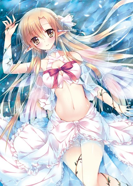 Anime picture 768x1077 with sword art online a-1 pictures yuuki asuna titania (alo) sorai shin'ya single long hair tall image looking at viewer blush blonde hair yellow eyes pointy ears midriff girl dress navel water
