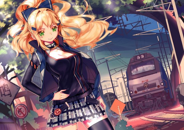 Anime picture 2480x1754 with original leung ka che single long hair looking at viewer highres blonde hair green eyes ponytail pleated skirt hand on hip plaid skirt girl skirt bow plant (plants) hair bow miniskirt tree (trees) jacket