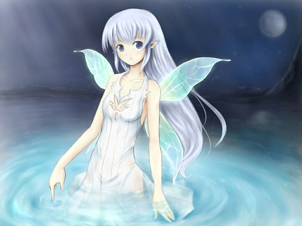 Anime picture 1024x768 with pangya arin long hair blue eyes white hair pointy ears night elf fairy dress wings water moon