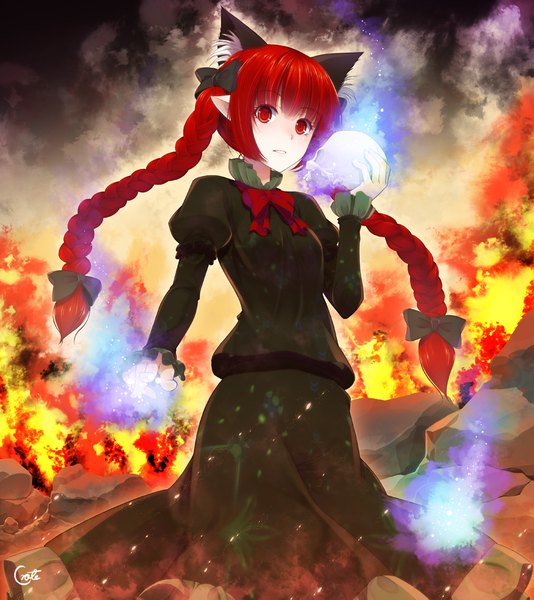 Anime picture 940x1055 with touhou kaenbyou rin crote single long hair tall image looking at viewer red eyes animal ears red hair tail braid (braids) animal tail cat ears cat girl cat tail extra ears girl dress bow