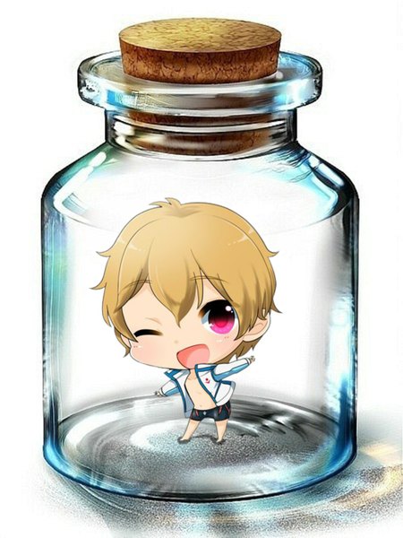 Anime picture 1000x1333 with free! kyoto animation hazuki nagisa single tall image looking at viewer short hair open mouth simple background blonde hair red eyes standing white background open clothes open jacket chibi in bottle boy jacket shorts