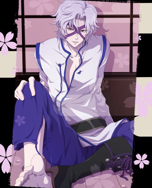 Anime picture 1200x1482 with sengoku basara production i.g takenaka hanbei single tall image short hair purple eyes white hair barefoot grey hair open clothes open shirt single shoe boy flower (flowers) belt mask