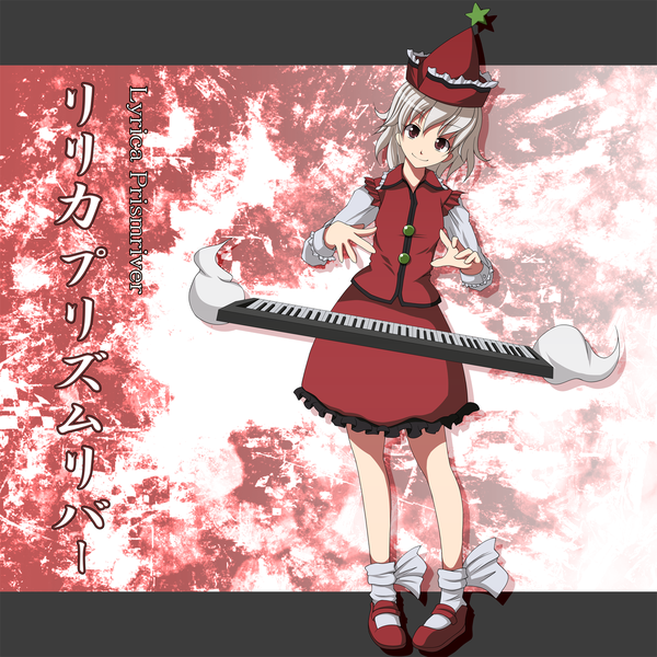 Anime picture 1500x1500 with touhou lyrica prismriver s-syogo single looking at viewer short hair smile red eyes white hair girl dress hat socks white socks keyboard (instrument)