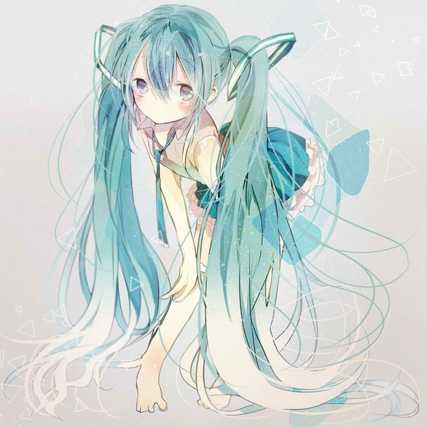 Anime picture 1000x1000 with vocaloid hatsune miku amana raika single looking at viewer blush simple background twintails very long hair barefoot aqua eyes aqua hair grey background girl skirt necktie toes
