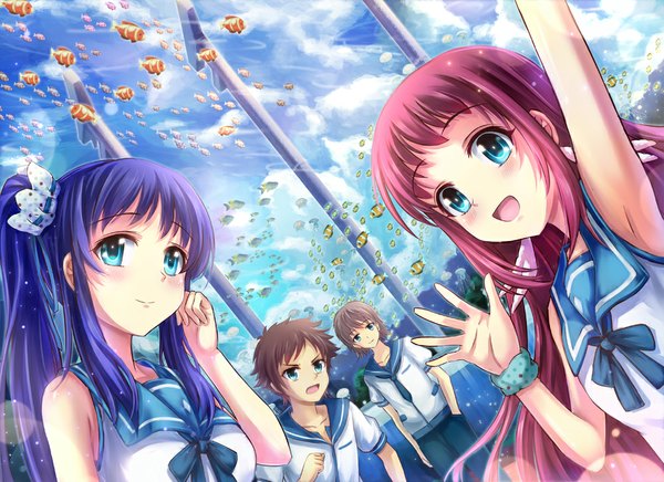 Anime picture 1000x728 with nagi no asukara p.a. works hiradaira chisaki mukaido manaka sakishima hikari isaki kaname miazi long hair blush short hair open mouth blue eyes brown hair multiple girls blue hair purple hair light smile multiple boys underwater girl