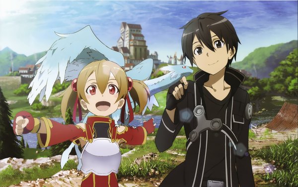 Anime picture 4061x2557 with sword art online a-1 pictures kirigaya kazuto silica pina (sao) adachi shingo looking at viewer highres short hair open mouth black hair red eyes brown hair twintails absurdres black eyes scan official art short twintails fantasy