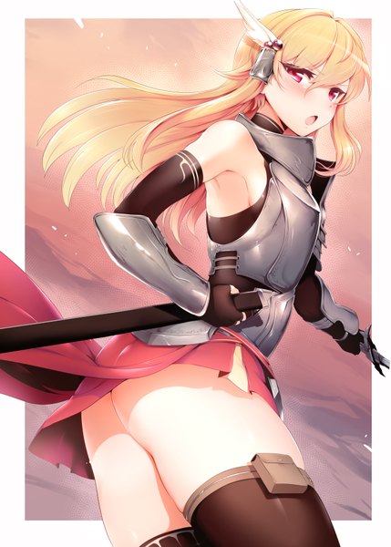Anime picture 2591x3624 with tanaka the wizard mdastarou single long hair tall image looking at viewer blush highres open mouth light erotic blonde hair red eyes girl thighhighs skirt hair ornament weapon black thighhighs miniskirt sword