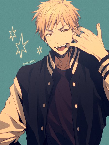 Anime picture 600x800 with kuroko no basket production i.g kise ryouta mashima shima single tall image short hair open mouth simple background blonde hair yellow eyes looking away upper body open jacket aqua background finger in mouth boy jacket star (symbol) ring