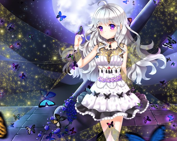 Anime picture 1200x960 with original totem single long hair purple eyes white hair wavy hair butterfly on hand girl dress insect butterfly moon
