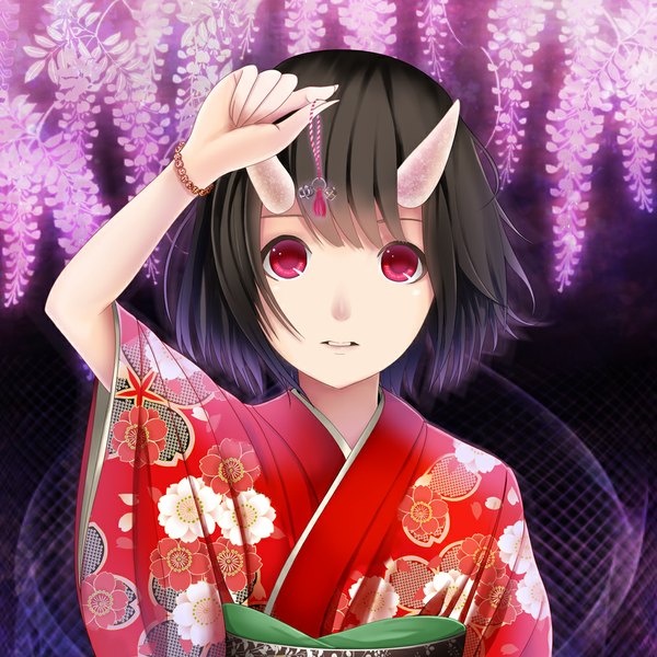 Anime picture 1000x1000 with kentaurosu single looking at viewer short hair black hair red eyes parted lips japanese clothes horn (horns) oni horns girl bracelet kimono
