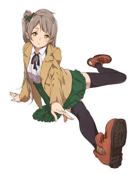 Anime picture 2093x2601 with love live! school idol project sunrise (studio) love live! minami kotori haine single long hair tall image looking at viewer blush fringe highres simple background white background sitting brown eyes grey hair spread legs zettai ryouiki outstretched arm