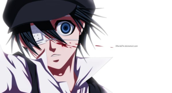 Anime picture 1111x601 with kuroshitsuji a-1 pictures ciel phantomhive eroishi single short hair blue eyes black hair wide image white background coloring portrait face boy shirt blood eyepatch flat cap