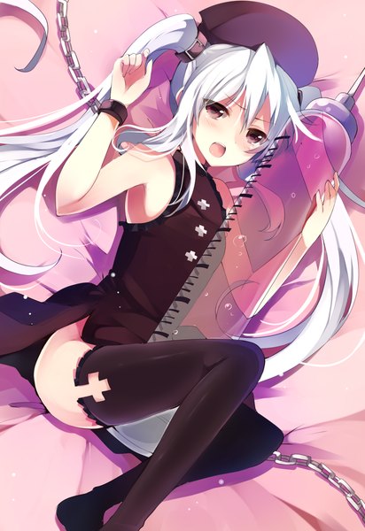 Anime picture 800x1163 with original mishima kurone single long hair tall image blush open mouth red eyes twintails white hair nurse girl thighhighs black thighhighs chain nurse cap syringe
