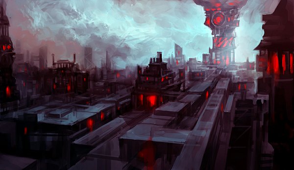 Anime picture 1024x593 with original tobiee wide image cloud (clouds) city smoke cityscape no people post-apocalyptic building (buildings)