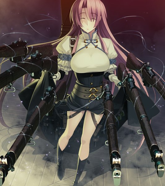 Anime picture 1024x1152 with full metal daemon muramasa nitroplus ootori kanae single long hair tall image breasts light erotic large breasts pink hair eyes closed from above girl weapon belt gun