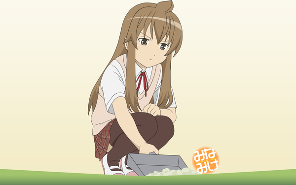 Anime picture 1920x1200 with minami-ke minami chiaki single long hair highres simple background brown hair wide image brown eyes full body copyright name looking down squat girl thighhighs black thighhighs