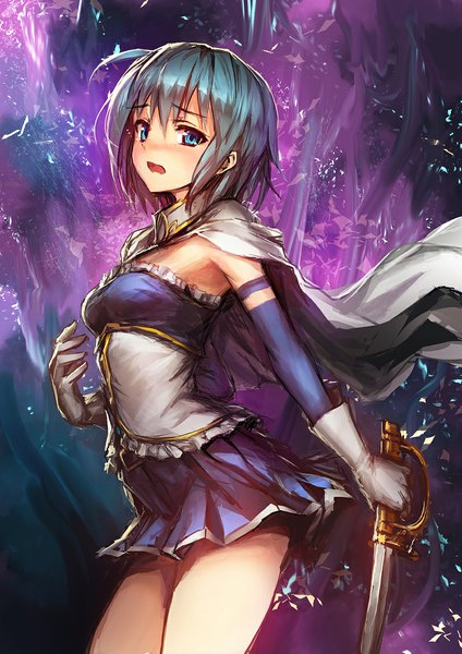 Anime picture 800x1132 with mahou shoujo madoka magica shaft (studio) miki sayaka lm7 (op-center) single tall image looking at viewer blush short hair open mouth blue eyes blue hair magical girl sad underbust girl skirt gloves weapon detached sleeves