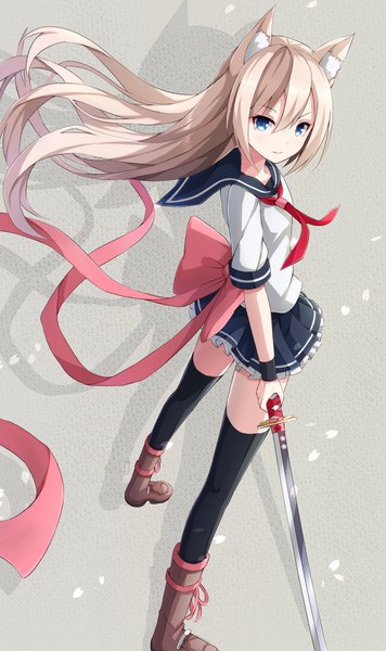 Anime picture 950x1600 with original rin yuu single long hair tall image blue eyes blonde hair animal ears looking back girl thighhighs skirt uniform bow weapon black thighhighs petals sword serafuku boots