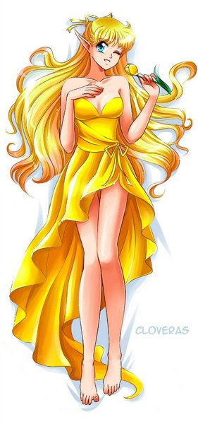 Anime picture 480x1024 with bishoujo senshi sailor moon toei animation aino minako sailor venus princess venus cloveras single long hair tall image looking at viewer blue eyes simple background blonde hair white background signed one eye closed barefoot pointy ears wink bare legs