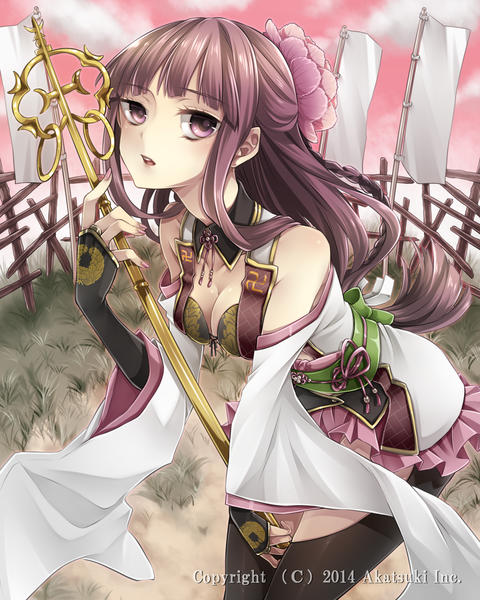 Anime picture 1920x2400 with original takamiya ren single long hair tall image looking at viewer highres purple eyes bare shoulders purple hair traditional clothes hair flower girl hair ornament flower (flowers) plant (plants) grass staff