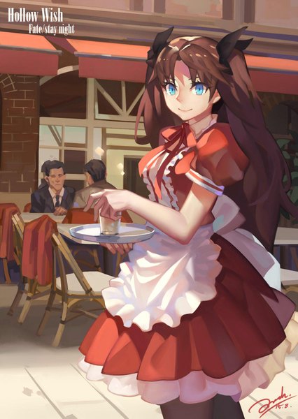 Anime picture 1200x1691 with fate (series) fate/stay night type-moon toosaka rin bianyuanqishi long hair tall image looking at viewer blue eyes black hair smile brown hair standing sitting twintails inscription maid girl dress boy