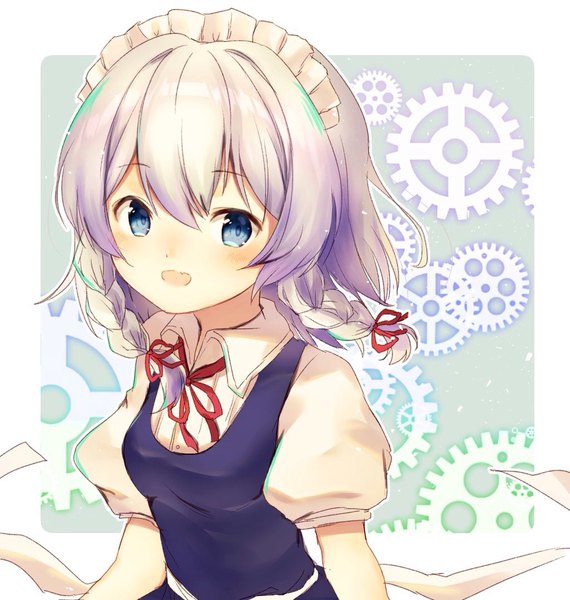 Anime picture 1024x1078 with touhou izayoi sakuya nenobi (nenorium) single tall image looking at viewer blush fringe short hair open mouth blue eyes hair between eyes silver hair upper body braid (braids) maid puffy sleeves twin braids girl uniform