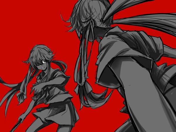 Anime picture 1024x768 with mirai nikki gasai yuno shino (blackalice) long hair fringe simple background multiple girls holding hair over one eye red background dual persona crazy girl skirt weapon 2 girls shirt knife
