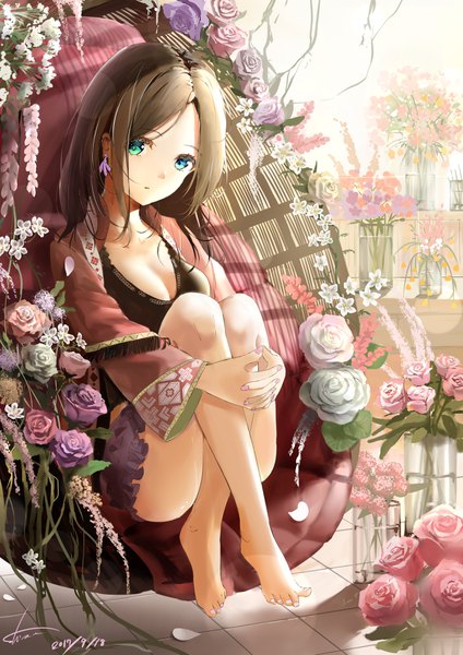 Anime picture 2691x3806 with original shi-ro single long hair tall image looking at viewer highres breasts blue eyes light erotic brown hair sitting green eyes signed cleavage full body bent knee (knees) nail polish head tilt barefoot