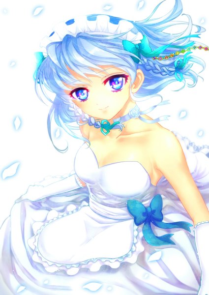 Anime picture 1500x2118 with touhou izayoi sakuya honchu single tall image looking at viewer short hair blue eyes white background bare shoulders silver hair braid (braids) maid twin braids girl dress gloves bow hair bow choker