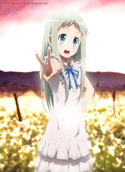 Anime picture 3000x4121 with ano hi mita hana no namae wo bokutachi wa mada shiranai a-1 pictures honma meiko sebaemanuel single long hair tall image blush highres open mouth blue eyes smile sky cloud (clouds) grey hair coloring victory mountain girl dress