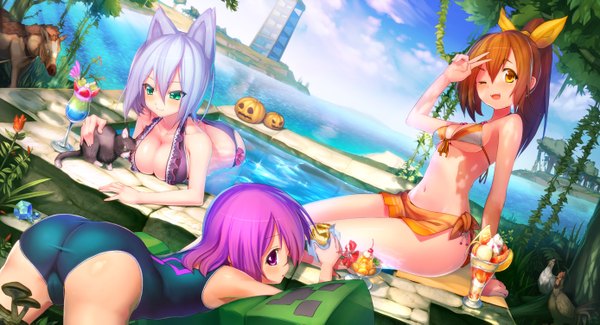 Anime picture 2776x1505 with original sai (abyss05) long hair blush highres short hair breasts light erotic brown hair wide image purple eyes multiple girls green eyes animal ears yellow eyes blue hair cleavage purple hair ass ponytail