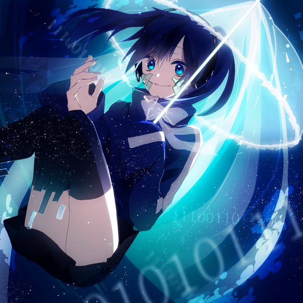 Anime picture 1000x1000 with kagerou project shaft (studio) ene (kagerou project) sawatuki09 (artist) single long hair blue eyes smile twintails blue hair zettai ryouiki flying transparent umbrella girl thighhighs skirt black thighhighs headphones umbrella number (numbers)