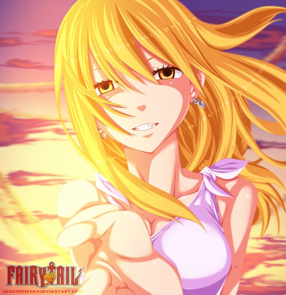 Anime picture 2328x2403 with fairy tail lucy heartfilia designerrenan single long hair tall image highres blonde hair smile yellow eyes sky cloud (clouds) sunlight inscription coloring portrait girl dress earrings