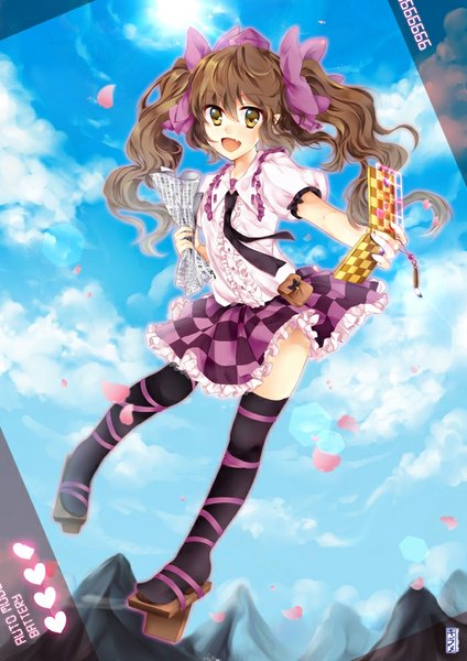 Anime picture 700x990 with touhou himekaidou hatate kirame kirai (artist) single long hair tall image open mouth smile brown hair twintails brown eyes sky cloud (clouds) pleated skirt sunlight mountain checkered skirt girl thighhighs skirt