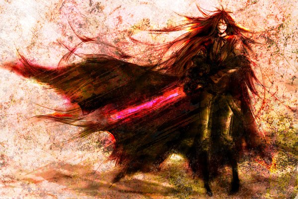 Anime picture 1200x800 with kuroshitsuji a-1 pictures grell sutcliff hitoyame long hair smile red hair very long hair wind teeth sharp teeth boy gloves weapon glasses necktie cloak chainsaw