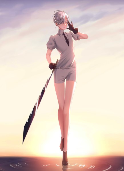 Anime picture 2183x3013 with houseki no kuni antarcticite alikumen single tall image highres short hair silver hair full body eyes closed light smile puffy sleeves androgynous long legs gloves weapon sword black gloves water shoes