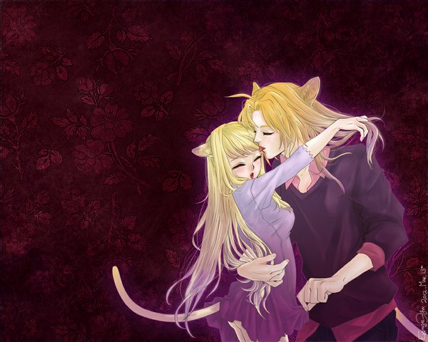 Anime picture 1000x801 with original eyvege (artist) long hair blush fringe blonde hair animal ears tail eyes closed animal tail profile cat ears cat girl cat tail couple hug happy dark background skirt lift licking