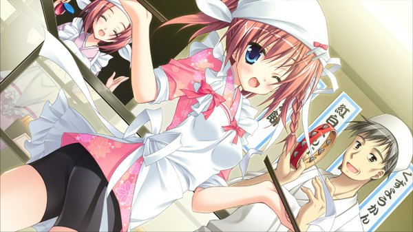 Anime picture 1280x720 with kisaragi gold star (game) endou saya blush short hair open mouth blue eyes brown hair wide image game cg girl apron