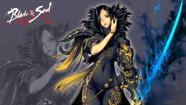 Anime picture 1920x1080 with blade & soul jin seo yeon lordesire (artist) single highres short hair black hair red eyes wide image looking away covered navel girl dress weapon sword bracelet armor bodysuit