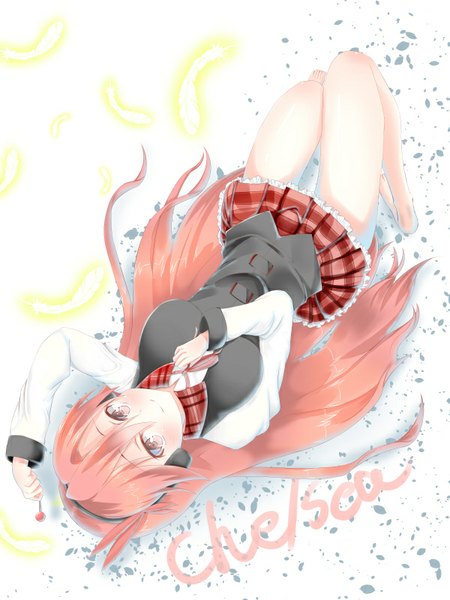 Anime picture 600x800 with akame ga kill! white fox chelsea (akame ga kill!) yunyon single long hair tall image looking at viewer blush fringe breasts smile large breasts pink hair lying pink eyes bare legs no shoes character names girl