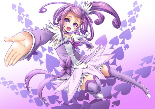 Anime picture 1240x877 with precure dokidoki! precure toei animation kenzaki makoto cure sword mana12 single looking at viewer blush short hair open mouth smile purple eyes purple hair spread arms girl dress detached sleeves