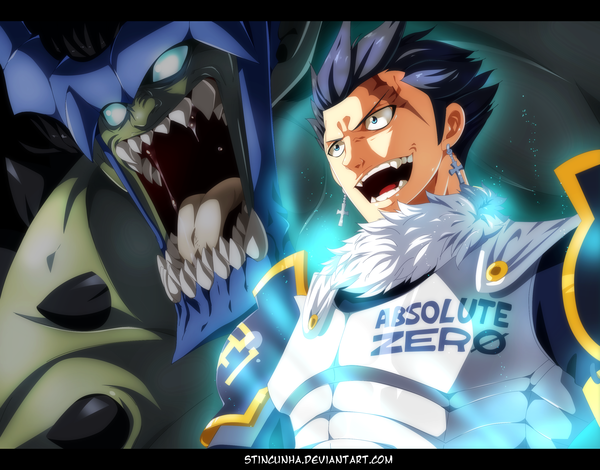 Anime picture 3000x2351 with fairy tail silver (fairy tail) stingcunha highres short hair open mouth blue eyes black hair smile absurdres teeth coloring magic letterboxed scar sharp teeth boy earrings armor fur