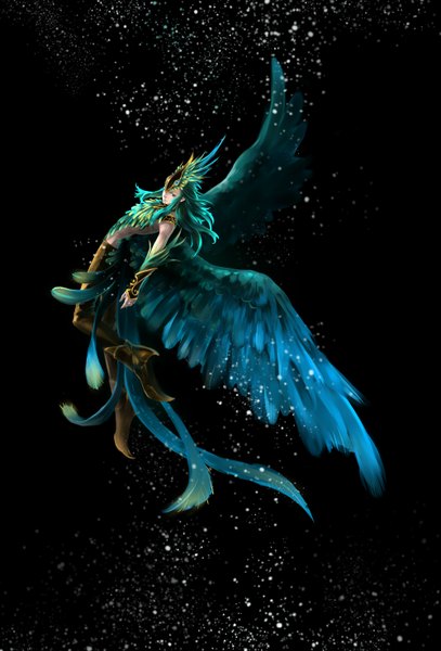 Anime picture 2000x2947 with original yoku (liuyc) single long hair tall image highres aqua hair black background snowing snow boy hair ornament wings pants feather (feathers)