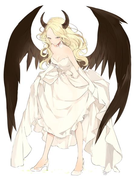 Anime picture 650x878 with original lpip single long hair tall image blush simple background blonde hair standing white background bare shoulders holding looking away cleavage full body horn (horns) high heels leaning leaning forward looking down