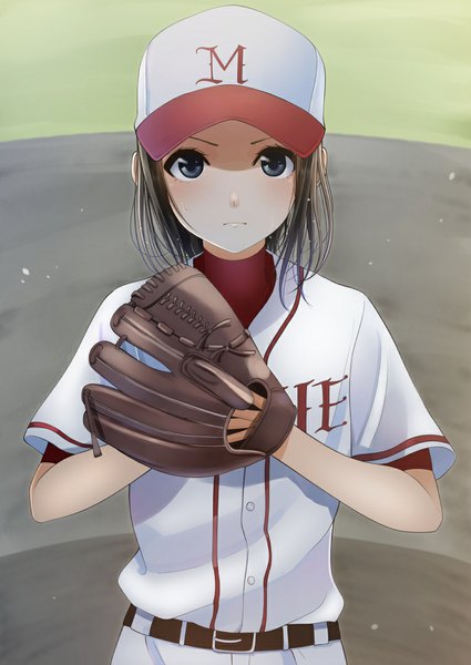 Anime picture 752x1062 with original kentaurosu single tall image looking at viewer short hair blue eyes black hair girl uniform baseball cap baseball uniform baseball mitt