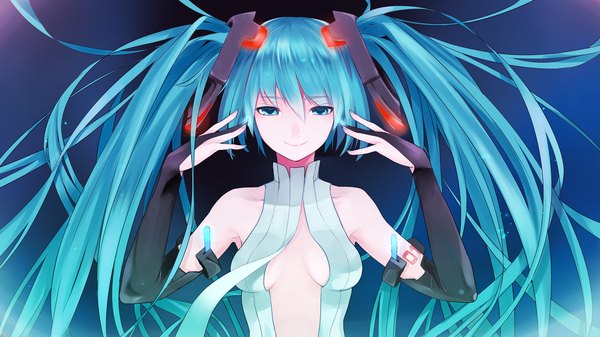 Anime picture 3200x1800 with vocaloid vocaloid append hatsune miku hatsune miku (append) settyaro single highres smile wide image twintails very long hair aqua eyes aqua hair blue background girl hair ornament detached sleeves necktie