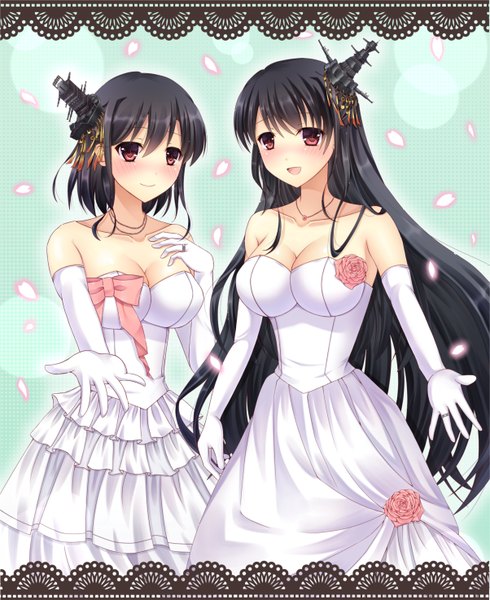 Anime picture 1204x1473 with kantai collection yamashiro battleship fusou battleship long hair tall image blush short hair open mouth black hair red eyes bare shoulders multiple girls girl dress gloves hair ornament 2 girls petals elbow gloves white gloves